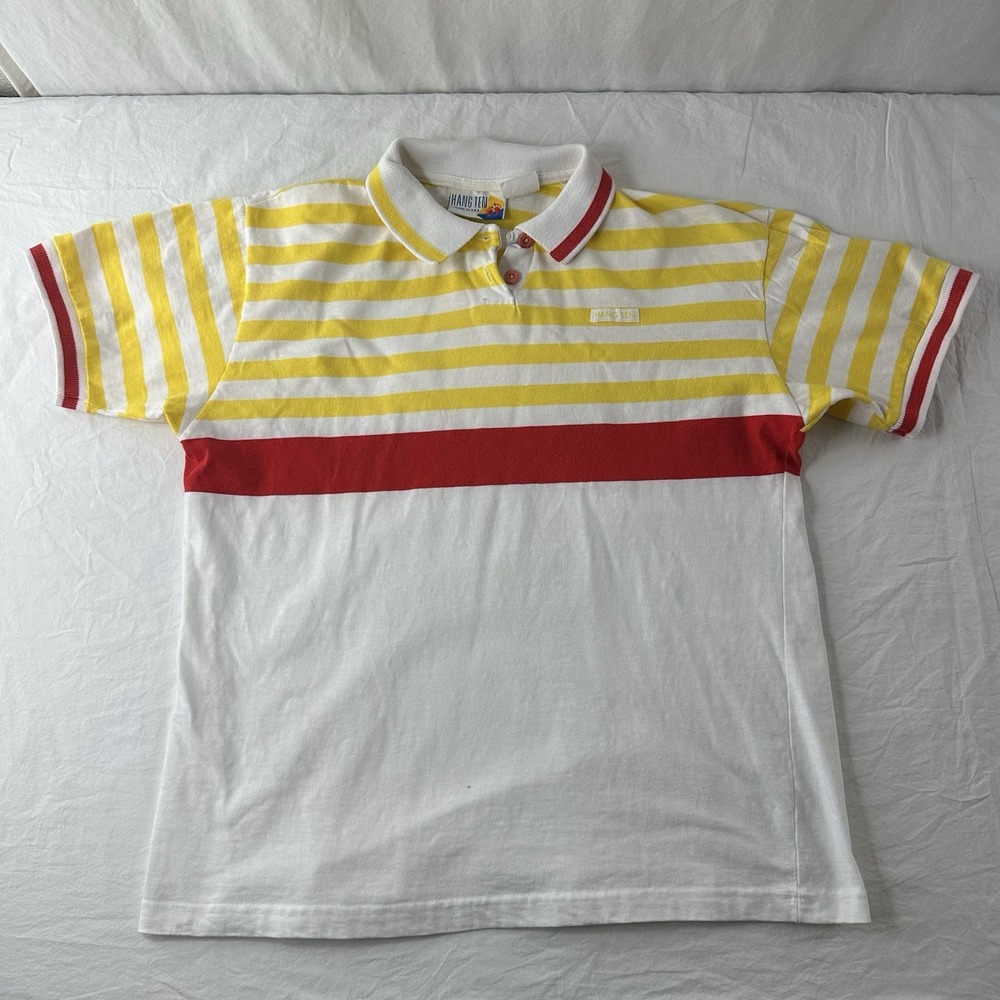 Vintage 70s 80s Hang Ten Striped Surf Polo retro Made In USA Yellow Red White
